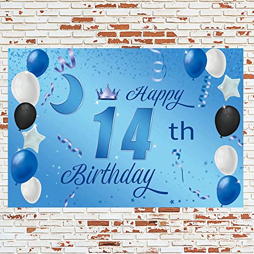 Sweet Happy 14th Birthday Backdrop Banner Poster 14 Birthday Party Decorations 14th Birthday Party Supplies 14th Photo Background for Girls,Boys,Women,Men - Blue 72.8 x 43.3 Inch