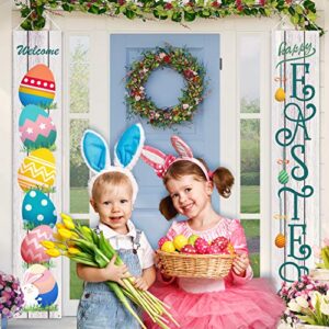 whaline easter decoration porch sign, welcome happy easter hanging banners, easter bunny eggs door hangers for spring home garden indoor outdoor porch wall decoration