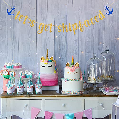 Gold Glitter Let's Get Shipfaced Banner / Nautical Sailor Theme Party Banner / Bachelorette Party Anchor Banner Supplies / Bridal Shower Baby Shower Party Decorations