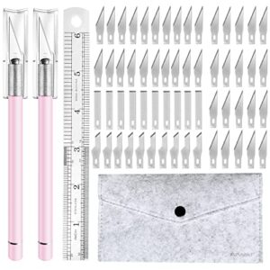 craft hobby knife , exacto knife , 2 knives and 60 blades with a bag , precision cutter knife for cutting carving scrapbooking stencil , pink