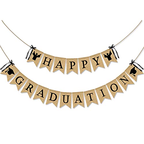 JOZON Happy Graduation Burlap Banner Jute Graduation Bunting Banner Garland 2021 Graduation Decorations Grad Party Decor for College, Senior, High School Party Supplies