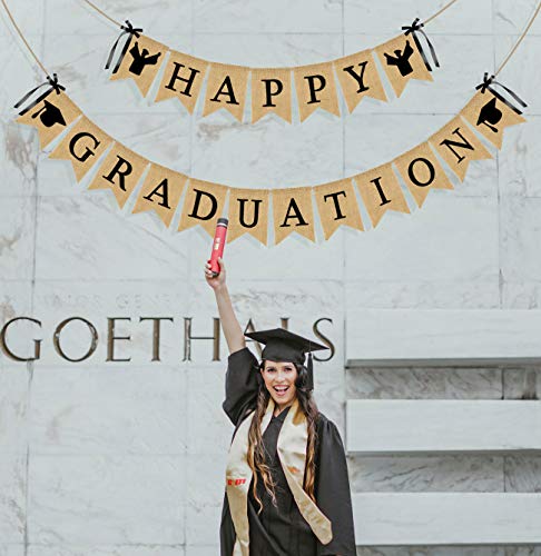 JOZON Happy Graduation Burlap Banner Jute Graduation Bunting Banner Garland 2021 Graduation Decorations Grad Party Decor for College, Senior, High School Party Supplies