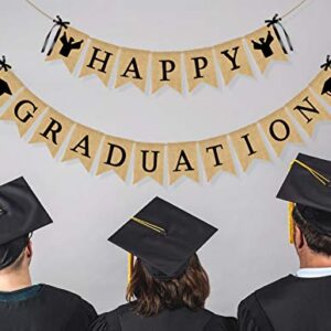 JOZON Happy Graduation Burlap Banner Jute Graduation Bunting Banner Garland 2021 Graduation Decorations Grad Party Decor for College, Senior, High School Party Supplies