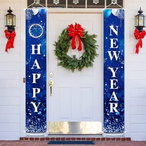 happy new years porch sign, 2023 door front door hanging door banner wall glitter blue for new years eve party decorations supplies favors with clock