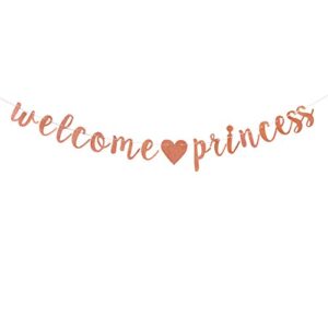 rose gold glitter welcome princess banner, girl baby shower, gender reveal party decorations, it’s a girl, welcome baby girl party decor