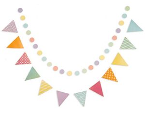 papakit paper pennant bunting banner and circle garland decoration set kids adult party supply ( pastel rainbow colors – 2 piece set)