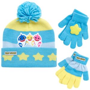 nickelodeon boys’ baby shark winter hat and 2 pairs of mitten set (toddler), size age 2-4, baby shark blue/yellow glove