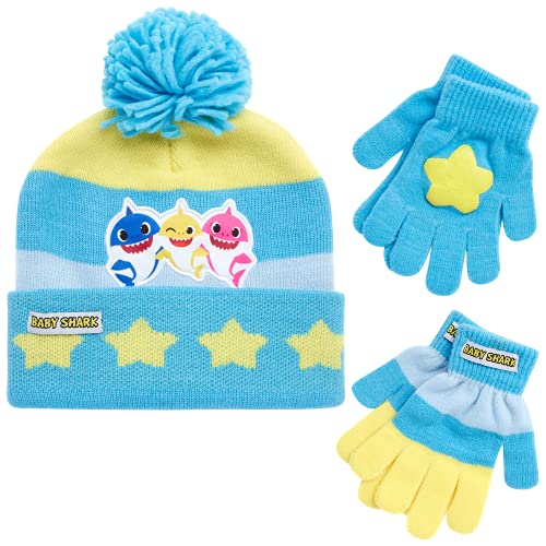 Nickelodeon Boys' Baby Shark Winter Hat and 2 Pairs of Mitten Set (Toddler), Size Age 2-4, Baby Shark Blue/Yellow Glove