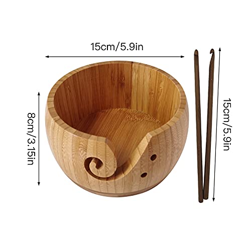 Flueyer Wooden Yarn Bowl Holder, Handmade Yarn Storage Bowl Round Knitting Yarn Bowls with Holes and 2 Crochet Hooks for DIY Knitting Crocheting Accessories,5.9 * 3.15