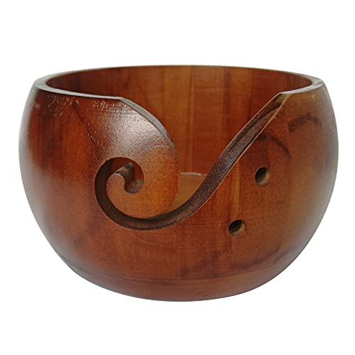 Flueyer Wooden Yarn Bowl Holder, Handmade Yarn Storage Bowl Round Knitting Yarn Bowls with Holes and 2 Crochet Hooks for DIY Knitting Crocheting Accessories,5.9 * 3.15