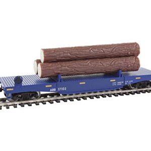 Walthers Trainline HO Scale Model Log Dump Car with 3 Logs - Ready to Run Alaska Railroad #17102 (Blue, Yellow Conspicuity Marks)