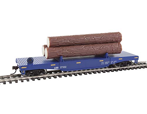 Walthers Trainline HO Scale Model Log Dump Car with 3 Logs - Ready to Run Alaska Railroad #17102 (Blue, Yellow Conspicuity Marks)