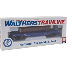 Walthers Trainline HO Scale Model Log Dump Car with 3 Logs - Ready to Run Alaska Railroad #17102 (Blue, Yellow Conspicuity Marks)