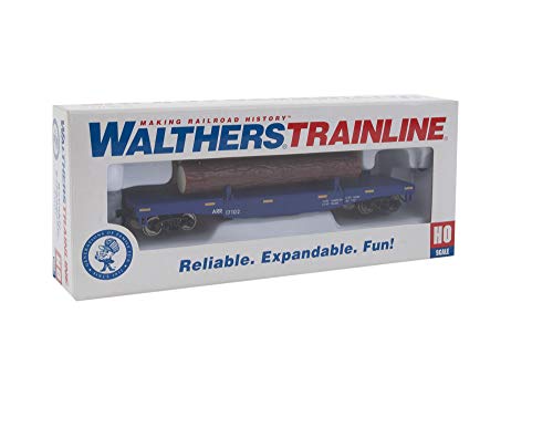 Walthers Trainline HO Scale Model Log Dump Car with 3 Logs - Ready to Run Alaska Railroad #17102 (Blue, Yellow Conspicuity Marks)