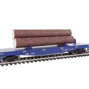 Walthers Trainline HO Scale Model Log Dump Car with 3 Logs - Ready to Run Alaska Railroad #17102 (Blue, Yellow Conspicuity Marks)