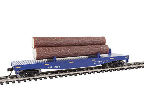 Walthers Trainline HO Scale Model Log Dump Car with 3 Logs - Ready to Run Alaska Railroad #17102 (Blue, Yellow Conspicuity Marks)