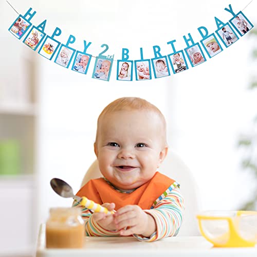 Labakita Happy 2nd Birthday Photo Banner - Baby 2nd Birthday Photo Frame Photo Banner - Baby Boy or Girl's 2nd Birthday Party Decorations Supplies - Two Years Old Birthday Sign (Blue)