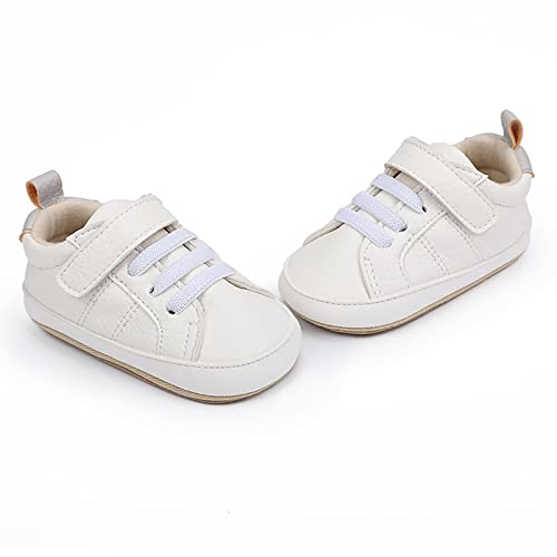 GAISUMMI Baby Boys Girls Sneakers Unisex Infant PU Leather Crib Shoes Toddler Non-Slip Rubber Sole Walking Shoe (A04/White,12-18 Months)