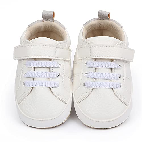 GAISUMMI Baby Boys Girls Sneakers Unisex Infant PU Leather Crib Shoes Toddler Non-Slip Rubber Sole Walking Shoe (A04/White,12-18 Months)