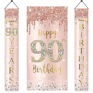 2pcs 90th birthday banner decorations for women, pink rose gold happy 90 birthday sign party supplies, cheers to 90 years birthday backdrop decor