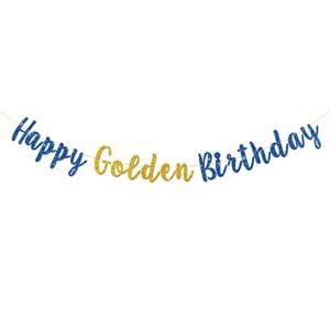 talorine happy golden birthday banner, happy birthday party decor, 21st, 25th, 30th, 40th 50th 60th birthday party decorations (blue & gold glitter)