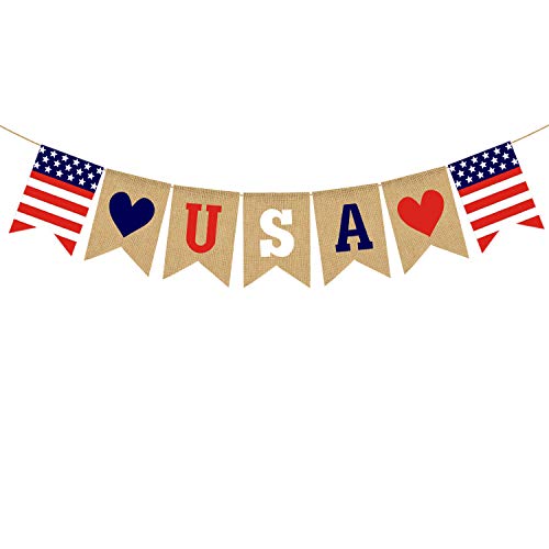 Jute Burlap USA Banner American Independence Day 4th of July Mantel Fireplace Decoration