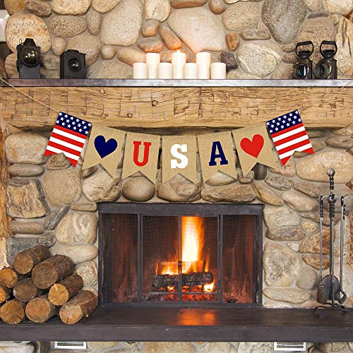 Jute Burlap USA Banner American Independence Day 4th of July Mantel Fireplace Decoration