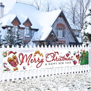 large merry christmas banner xmas outdoor decorations double printed happy new year cute presents 120″ x 20″ huge yard sign holiday party supplies backdrop home decor ornaments for garden house fence garage indoor gifts