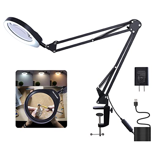 YOCTOSUN Magnifying Glass with Light and Stand, 5 Inch K9 Optical Glass Lens,3 Color Modes Stepless Dimmable, Adjustable Swivel Arm Lighted Magnifier Lamp for Reading, Painting,Crafts,Close Work