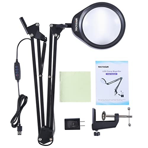 YOCTOSUN Magnifying Glass with Light and Stand, 5 Inch K9 Optical Glass Lens,3 Color Modes Stepless Dimmable, Adjustable Swivel Arm Lighted Magnifier Lamp for Reading, Painting,Crafts,Close Work