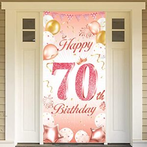 dpkow rose gold 70th birthday party decoration for woman, rose gold 70th birthday banner for backdrop door decoration,70th birthday background banner for garden wall decoration, 185 x 90cm fabric