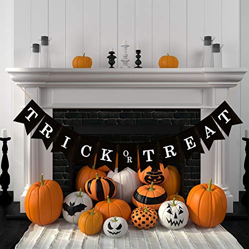 Adurself Trick or Treat Burlap Banner Halloween Party Decorations Halloween Black Jute Burlap Garland Mantel Fireplace Wall Hanging for Halloween Party Decor Haunted House Decorations