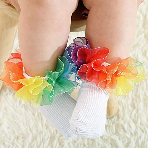 Hopply Baby Girls Ruffle Rainbow Socks Toddler Princess Ankle Lace Socks Infant Kids Big Double Lace Frilly Trim Dress Socks