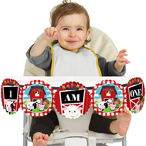 Big Dot of Happiness Farm Animals 1rst Birthday Highchair Decor - I Am One - First Birthday High Chair Banner