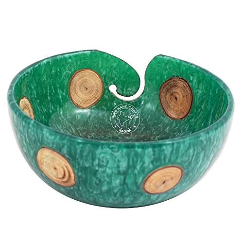 Hind Handicrafts Antique Resin Teak Sliced Log Wooden Portable Yarn Storage Bowl - Solid Dark Handmade Crafted - Holder for Knitting Crochet Hook Accessories (6" x 6" x 3", Green)