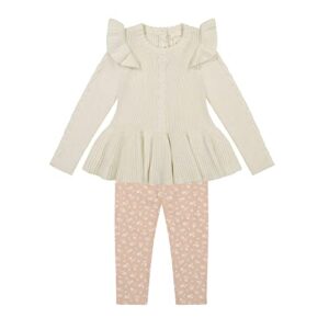 laura ashley baby girl leggings & knitted long sleeve peplum tunic top, cotton knit & floral fall outfit, ivory/24 months