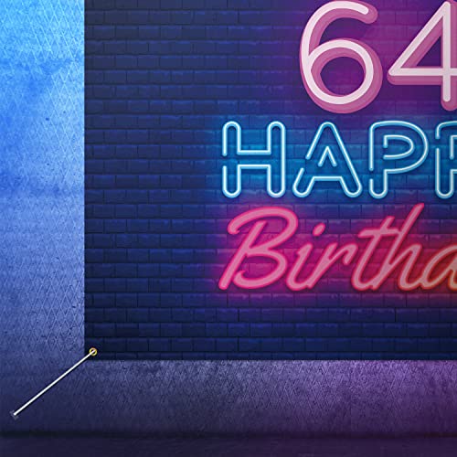 Glow Neon Happy 64th Birthday Backdrop Banner Decor Black – Colorful Glowing 64 Years Old Birthday Party Theme Decorations for Men Women Supplies