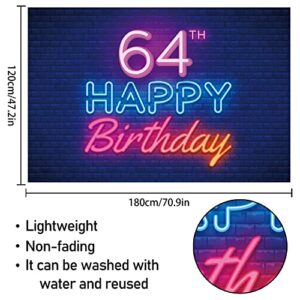 Glow Neon Happy 64th Birthday Backdrop Banner Decor Black – Colorful Glowing 64 Years Old Birthday Party Theme Decorations for Men Women Supplies