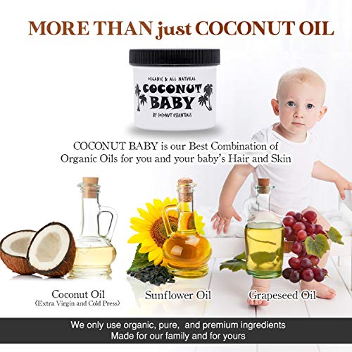 Coconut Baby Oil for Hair & Skin - Organic Moisturizer - All Natural - Massage - Sensitive Skin, Infant Scalp Thick, Dry Hair - with Sunflower & Grape Seed oils - 2 fl oz