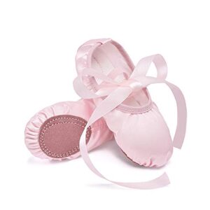 Stelle Girls Ballet Dance Shoes Satin Slippers Gymnastics Flats Split Sole with Ribbon (PK New, 13ML) Pink