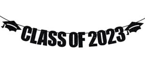 class of 2023 banner, 2023 graduation theme party decorations supplies, congrats grad high school / college graduate bunting sign, black glitter
