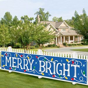 merry bright banner christmas winter holiday fabric garland navy blue stars string lights hanging sign backdrop photo props for wall fence fireplace indoor outdoor home decor xmas party supplies