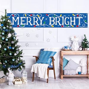 Merry Bright Banner Christmas Winter Holiday Fabric Garland Navy Blue Stars String Lights Hanging Sign Backdrop Photo Props for Wall Fence Fireplace Indoor Outdoor Home Decor Xmas Party Supplies