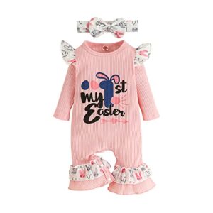 zimbro baby girl easter outfit bunny print romper my 1st/first easter letter jumpsuit long sleeve bodysuit headband (pink,0-3 months)