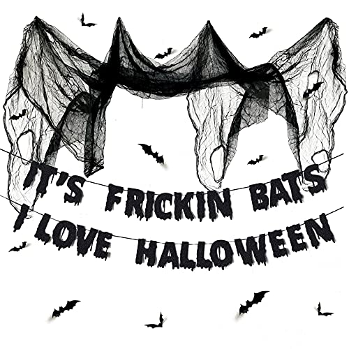 Halloween Horror Decor Its Frickin Bats I Love Halloween Banner Black Creepy Cloth Gauze Fabric 3D PVC Bat for Halloween Home Wall Scary Party Decoration