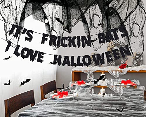 Halloween Horror Decor Its Frickin Bats I Love Halloween Banner Black Creepy Cloth Gauze Fabric 3D PVC Bat for Halloween Home Wall Scary Party Decoration