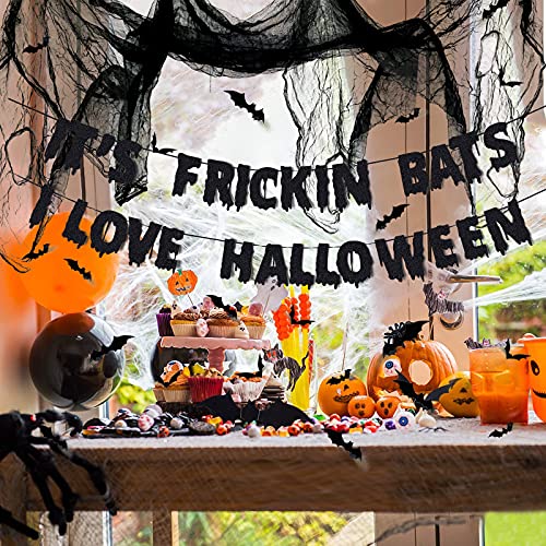 Halloween Horror Decor Its Frickin Bats I Love Halloween Banner Black Creepy Cloth Gauze Fabric 3D PVC Bat for Halloween Home Wall Scary Party Decoration