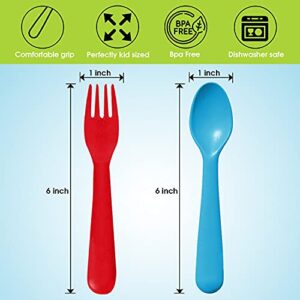 Plaskidy Plastic Toddler Utensils Set 8 Kids Forks and 8 Kids Spoons - BPA Free/Dishwasher Safe Toddler Silverware Brightly Colored Kid Plastic Cutlery Set, Great for Kids and Toddlers Utensils