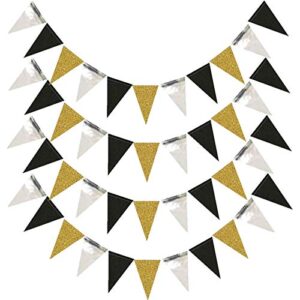 40 feet paper triangle pennant，glitter pennant banner bunting for wedding，baby shower，birthday party decorations supplies(4pcs) (black/gold/silver)