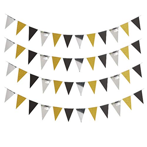 40 Feet Paper Triangle Pennant，Glitter Pennant Banner Bunting for Wedding，Baby Shower，Birthday Party Decorations Supplies(4PCS) (black/gold/silver)